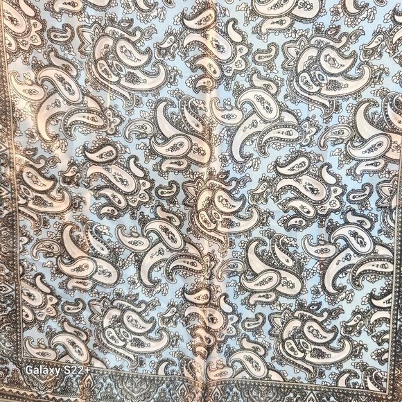 Lt Blue Black White Silver Paisley Satin Scarf Western Wild Rage Boho Chic 23" - Picture 3 of 11